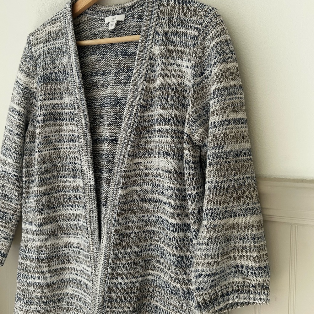 J. Jill Small Gray Blue White Knit Open-Front Cardigan 100% Cotton - Picture 3 of 5